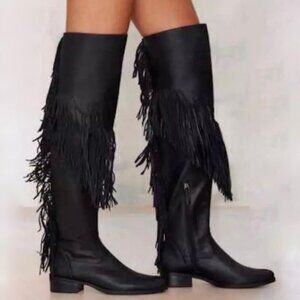 Schutz Kin Tall Fringe Black Leather Over The Knee Boots